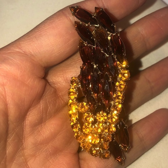 𝅺vtg Juliana DE Topaz Navette Orange Rivoli Gold Tone Brooch 2.8” Confirmed - Picture 4 of 10